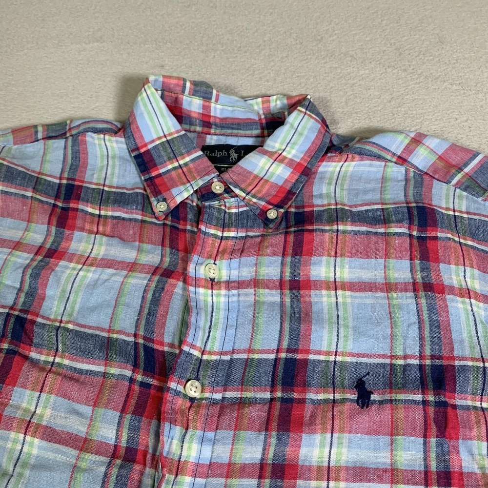 Ralph Lauren Shirt Mens Large Multicolor Plaid Short Sleeve 100% Linen Button Up